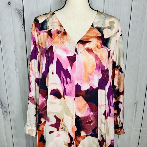 N Natori Caftan Pink Purple Abstract Floral Mix Sz L Full Zip 3/4 Sleeve Pockets - Picture 2 of 11